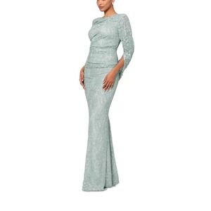 Betsy & Adam MOB Dress 16 Sage Green Lace Evening Gown Made USA Cowl Ruched Glit